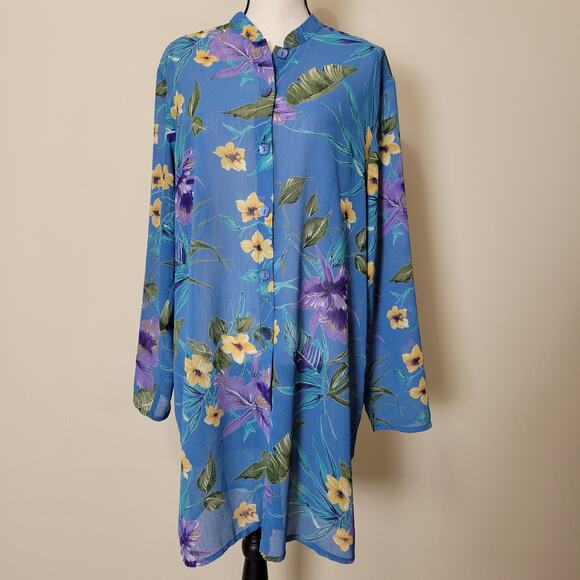 Susan Graver Style Size XL Button Front Sheer Tropical Crinkle Chiffon Tunic Top - Picture 15 of 15